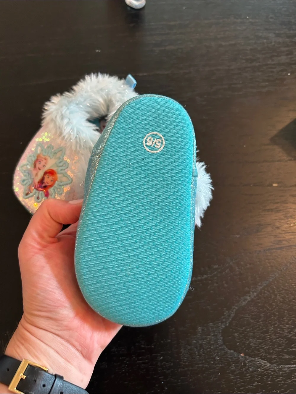 Disney Frozen Girls Sequin Faux Fur Slippers - Light Blue, Pink, Silver